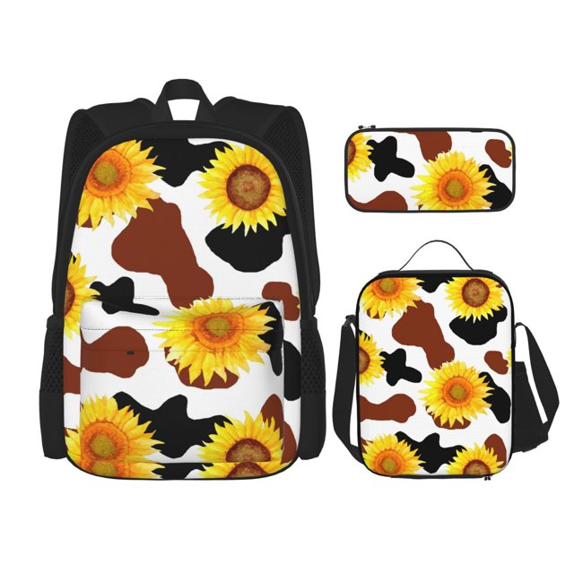 Fotbe Cow Print Sunflower Set Escolar 3 en 1 para Niños - Mochila Duradera con Lonchera Aislante y Estuche para Lápices - Mochila Escolar para Niños y Niñas