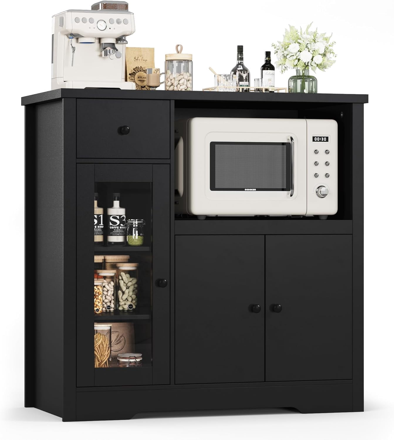 Yeshouse Pantry Storage Cabinet, Multipurpose Kitchen Sideboard with Drawer, 3 Doors & Adjustable Shelving