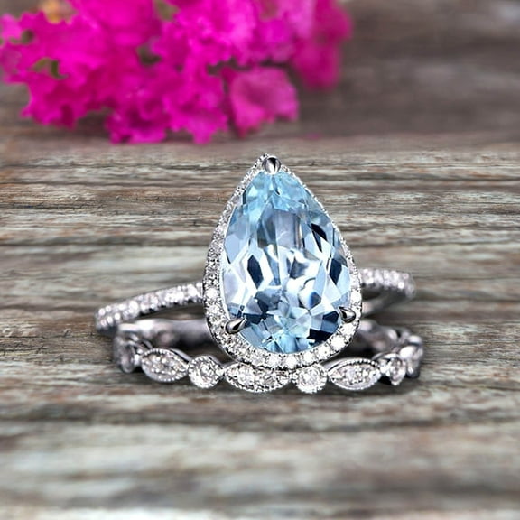 Pear Shape Blue Gemstone With Split Shank Halo Design 1.75 Carat Aquamarine Engagement Ring Bridal Set Anniversary Gift On 10k White Gold