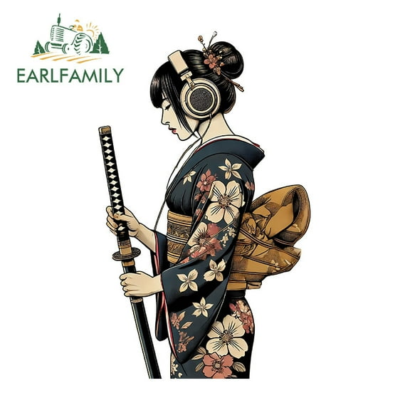 EARLFAMILY 5.1 Inch Japanese Geisha with Headphones Car Stickers Storage Flask Motorcycle Helmet Luggage DIY Vinyl Decals Funny Scratch-Proof Car Styling