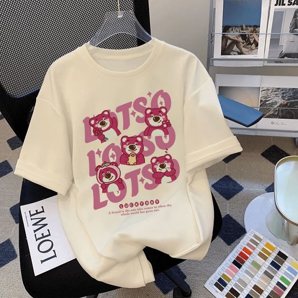 Camiseta de manga corta con estampado de fresas y oso para mujer, de marca de moda, estilo veraniego, estilo Hong Kong, versátil, bonita, de algodón puro, de media manga