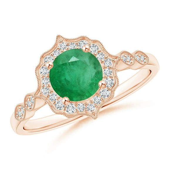 ANGARA Natural Vintage Inspired Round Emerald Ring with Ornate Halo in 14K Rose Gold for Women (Size-6mm) | May Birthstone, Birthday, Anniversary, Jewelry Gift for Women | Natural Emerald Ring