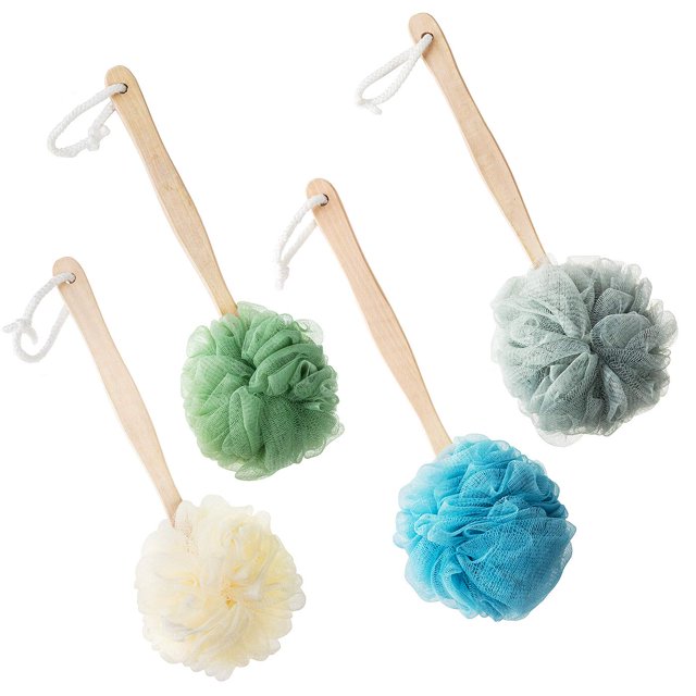 Paquete de 4 esponjas de lufa de baño grandes con mango largo, cepillo de ducha de lufa para baño, cuerpo, espalda, cepillo de spa para mujeres y hombres (4 colores)