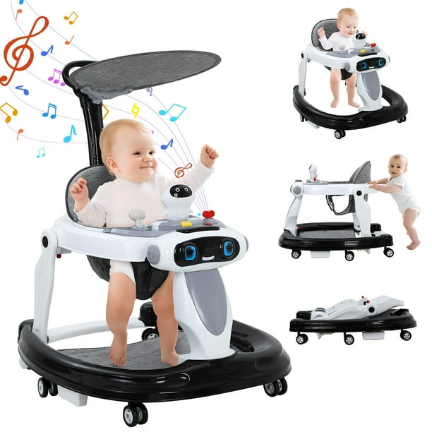 Andador Para Bebé 4 En 1 Con Ruedas, Portátil, Plegable, Para Bebés De 7 A 18 Meses, Con Reposapiés Extraíble, Volante Y Música, Ajustable, Color Negro.(A)