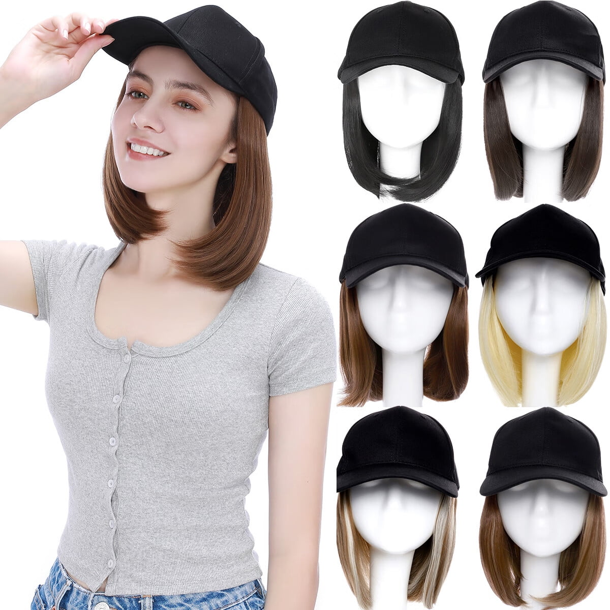 Dopi Baseball Cap Wigs for Women Black Hat With Bob Hair Extensions ...