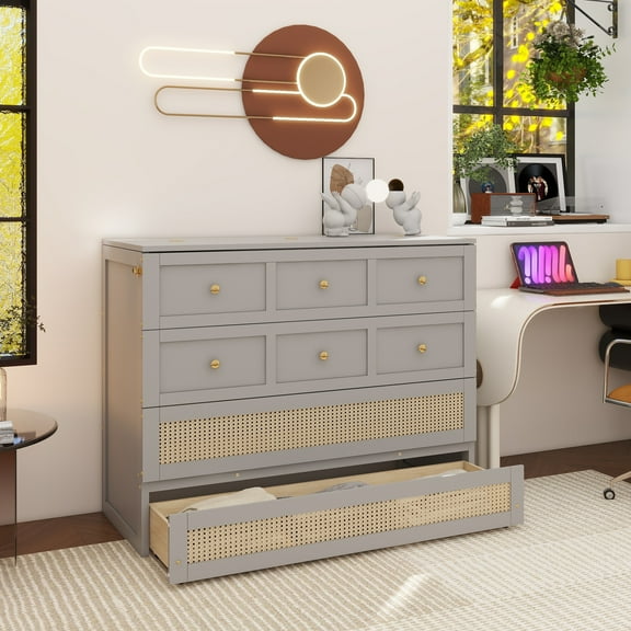 Full Size Murphy Bed with Large Drawers,Gray