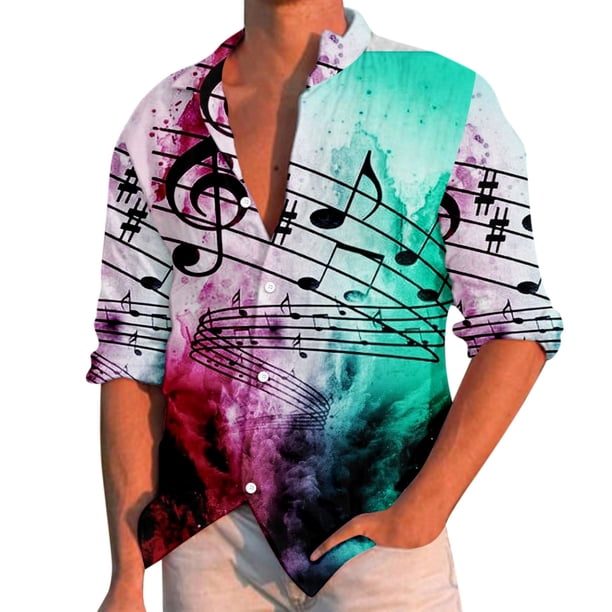 Camisas Para Hombre Camisa de manga larga con cuello vuelto y estampado de música informal para hombre (Purple, L)