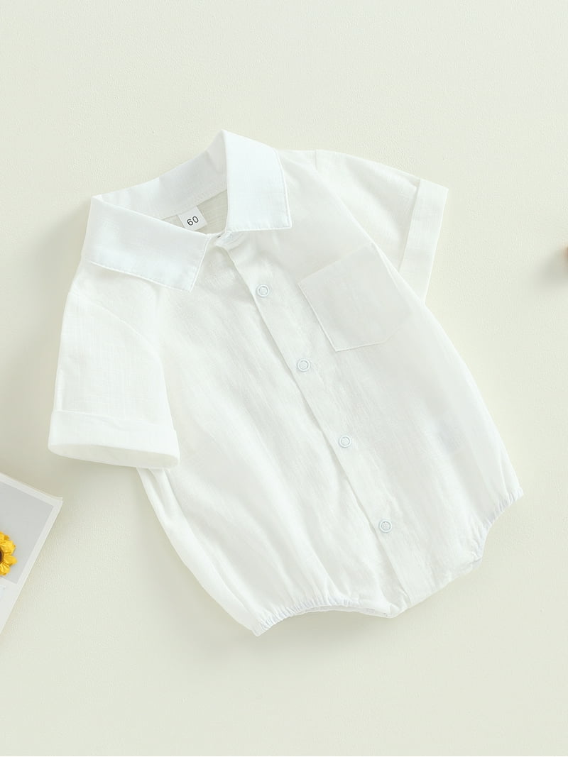 infant white short sleeve dress shirt White Baby Shirt With Short Sleeves, Adjustable Linen Blouse for Boys, Round Collar Buttoned Top, Natural Toddler Formal Dress Tuxedo Tunic