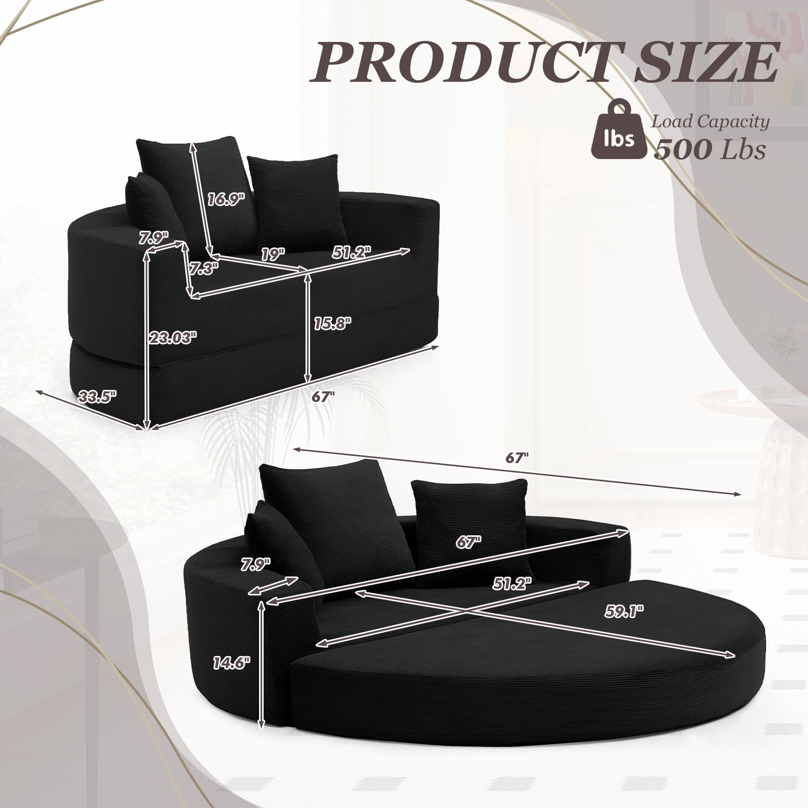 MOONMISS Convertible Sofa Couch Bed,Multi-Functional,Circular Bed,Adjustable Futon Sofa For Apartment Office Bedroom Living Room,Black