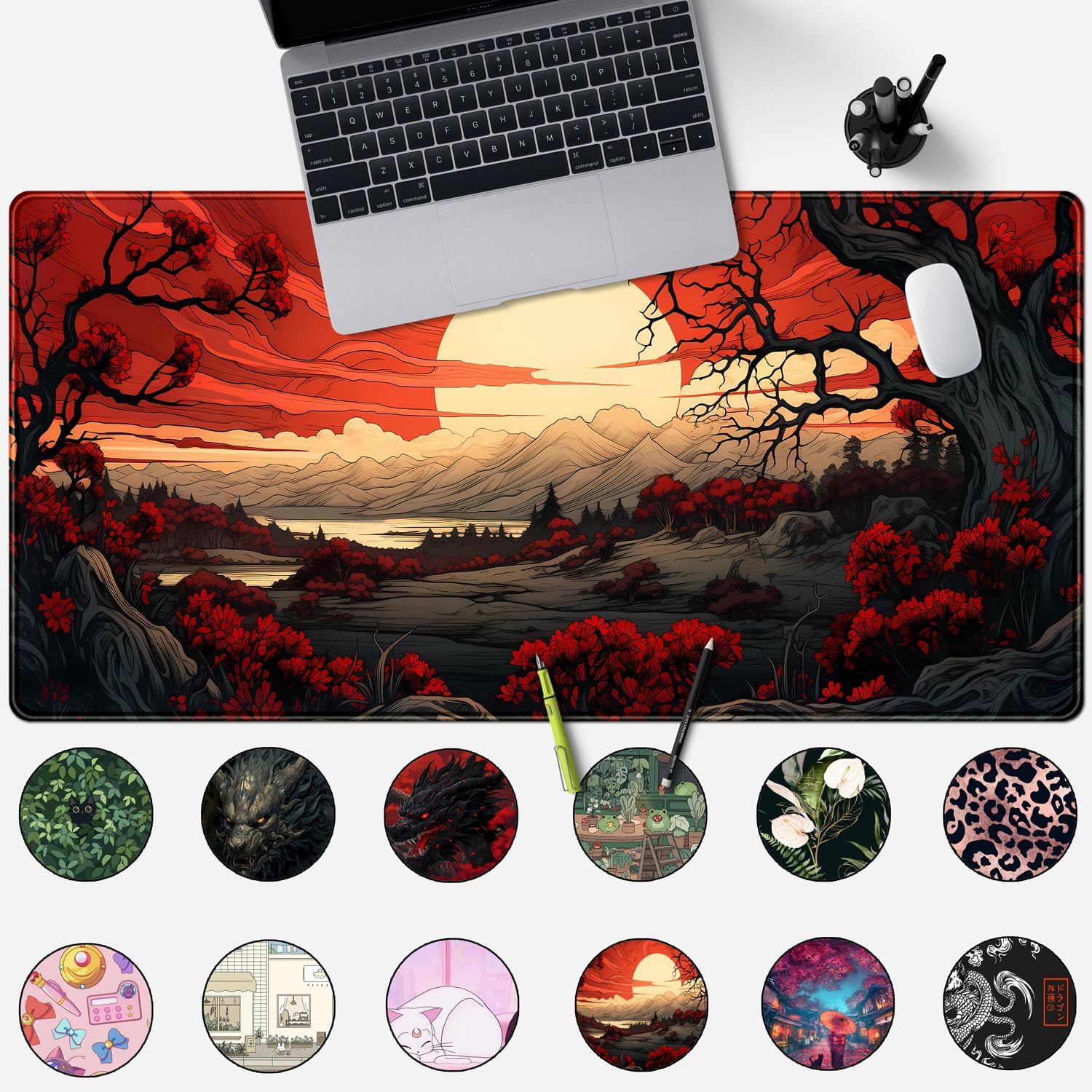 Red and Black Mouse Pad Japanese Mouse Pad XL Black Anime Big Mouse Pads for Desk Large Gaming Large Mouse Pad for Men Desk Pad with Stitched Edges Non-Slip Large Computer Mat, 31.5x15.7 in.