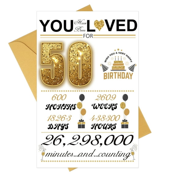 Uxcell 50th Birthday Card, Happy Birthdays Card Time Greeting Card with Envelope for Girl Boy Women Gift Friend Birthday Decorations, Gold Tone