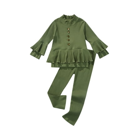 

IZhansean 2PCS Toddler Baby Girls Long Sleeve Ribbed Ruffle Tops Dress Long Pants Clothes Green 4-5 Years