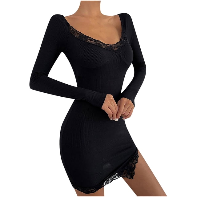 Moda mujer encaje Pacthword Casual sólido vestido con cuello en V vestido de manga larga Fridja NMB4410