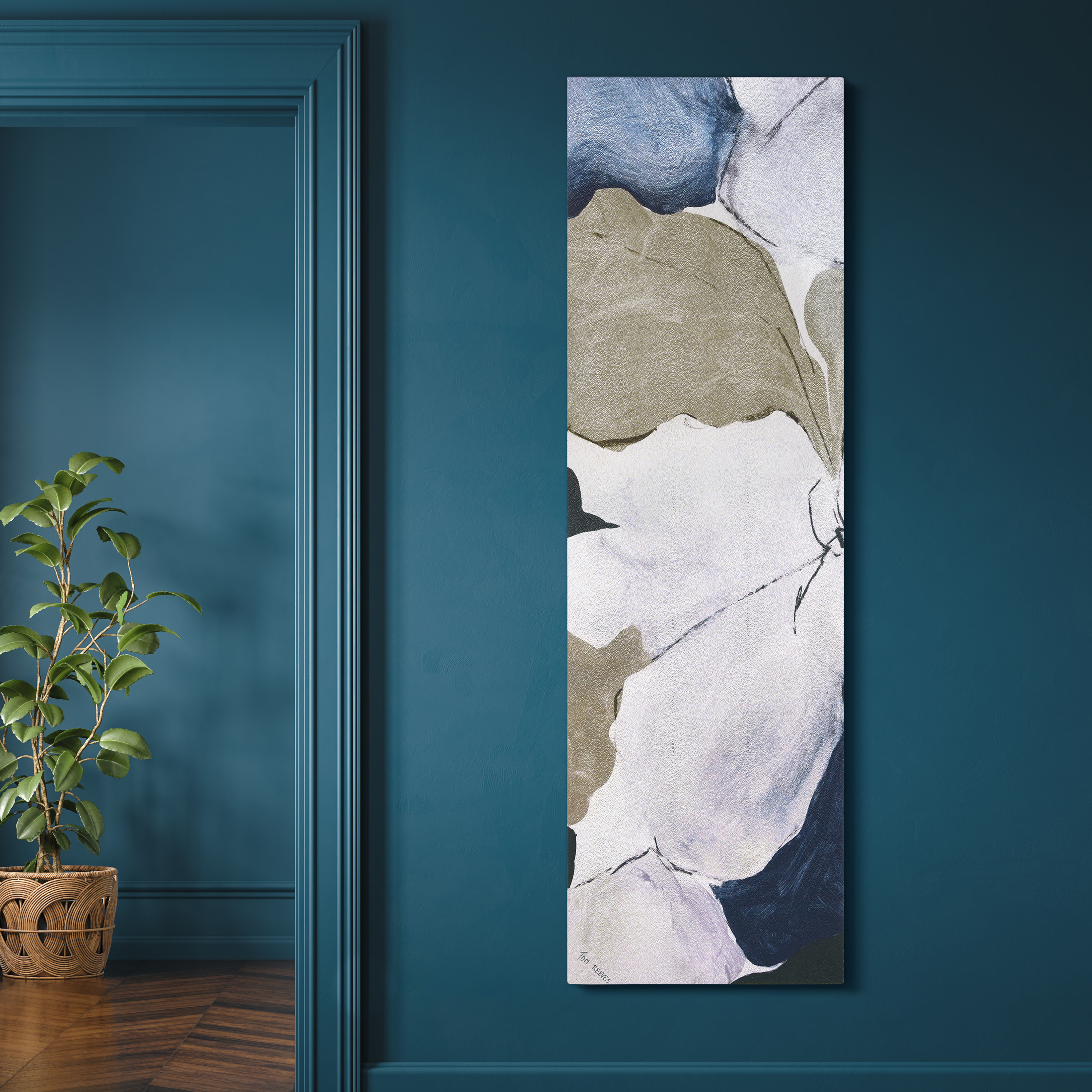 "Floral Serenity I", Flower Abstract Artwork on Silver Shagreen Wrapped Canvas Wall Art, sized 72"x22"