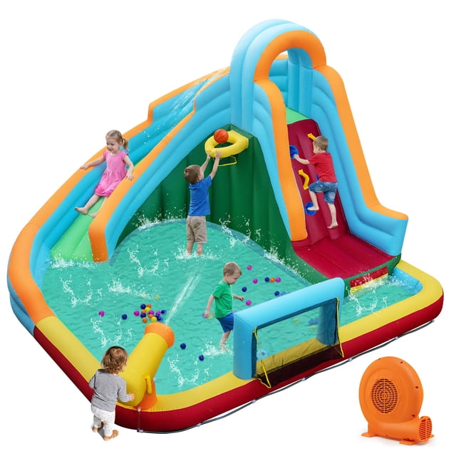 Gymax Inflatable Water Slide Park w/Long Slide Splash Pool Climbing Wall 750W Blower