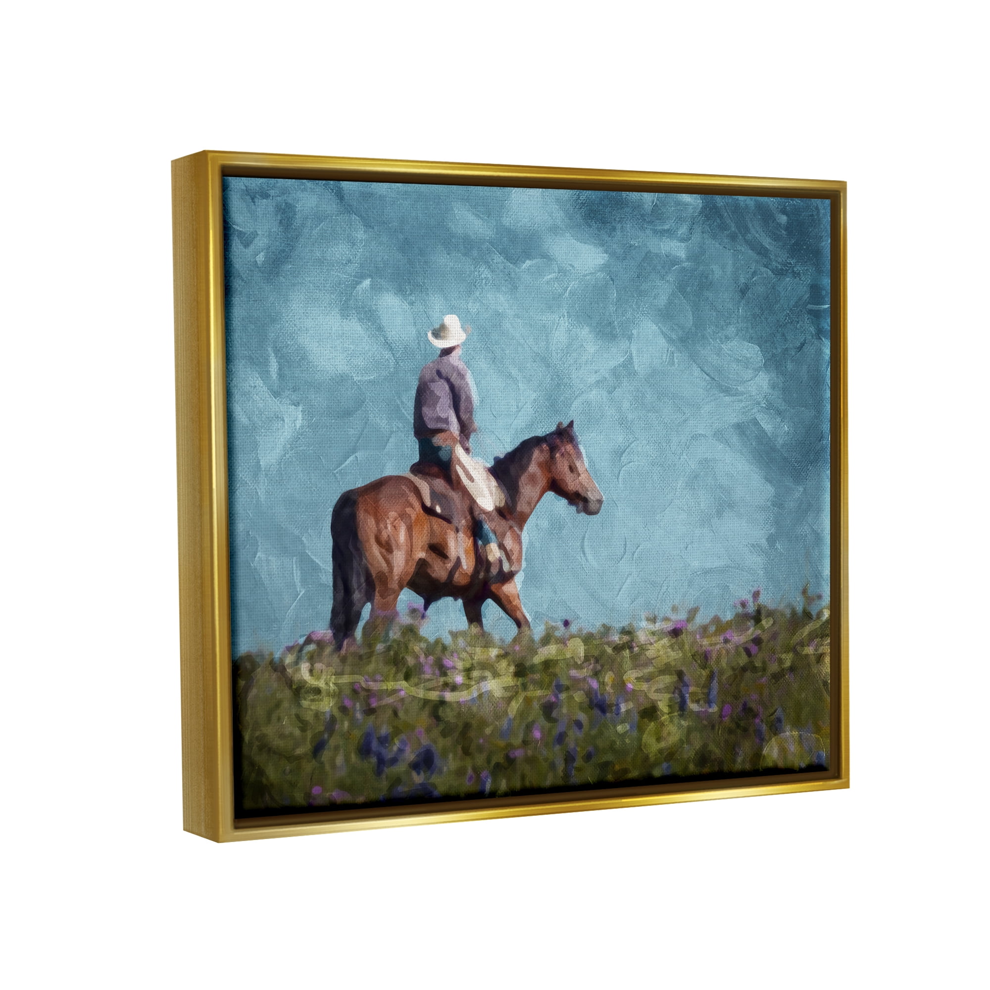 Stupell Industries Cowboy in Meadow Animals & Insects Painting Gold Floater Framed Canvas Art Print Wall Art, 31 x 25
