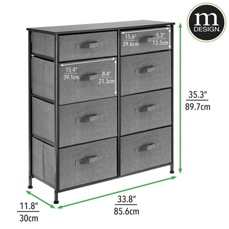 mDesign Tall Storage Dresser Furniture with 8 Slim Fabric Drawers, Dark Gray