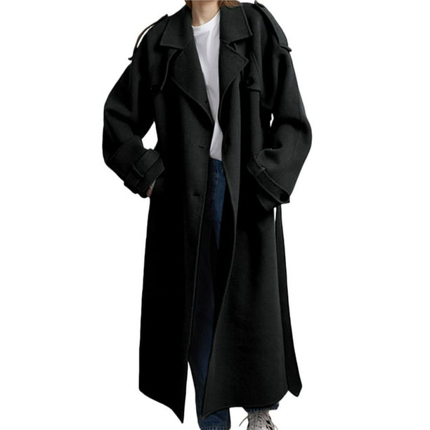 Abrigo de Invierno de Lana Cruzado para Mujer, Larga, Solapa, Midi, Tipo Gabardina, con Cinturón Negro M