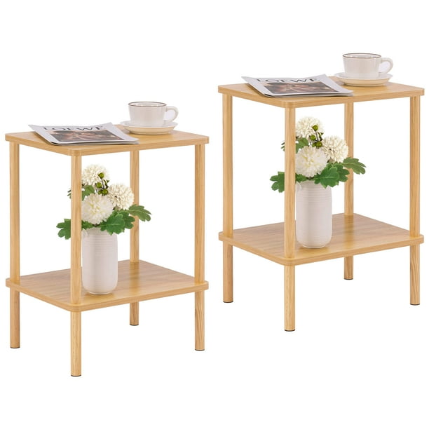 Mesa auxiliar de 2 niveles Apicizon con patas de madera maciza natural