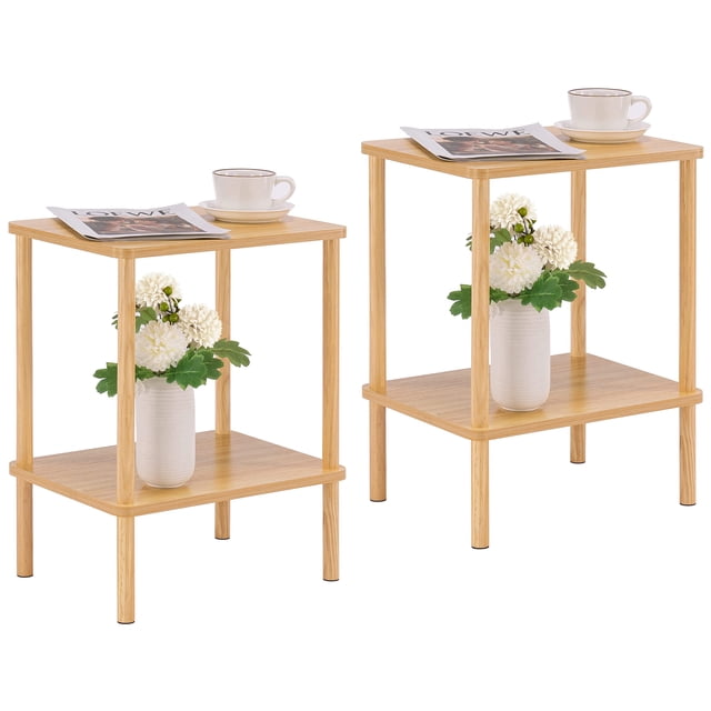 Mesa auxiliar de 2 niveles Apicizon con patas de madera maciza natural