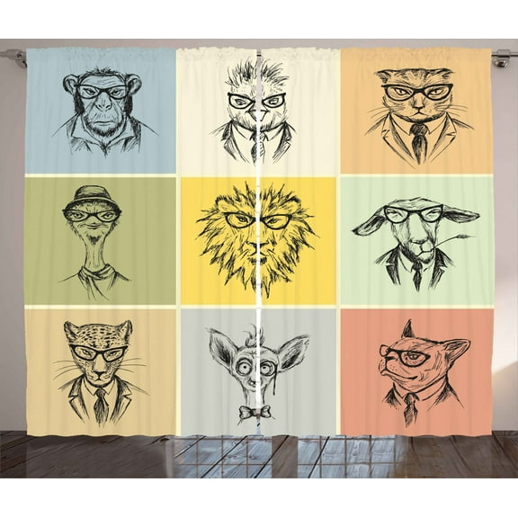 Ambesonne Animal Curtains 2 Panel Set, Hipster Monkey Camel Cat, 108" x 108", Multicolor