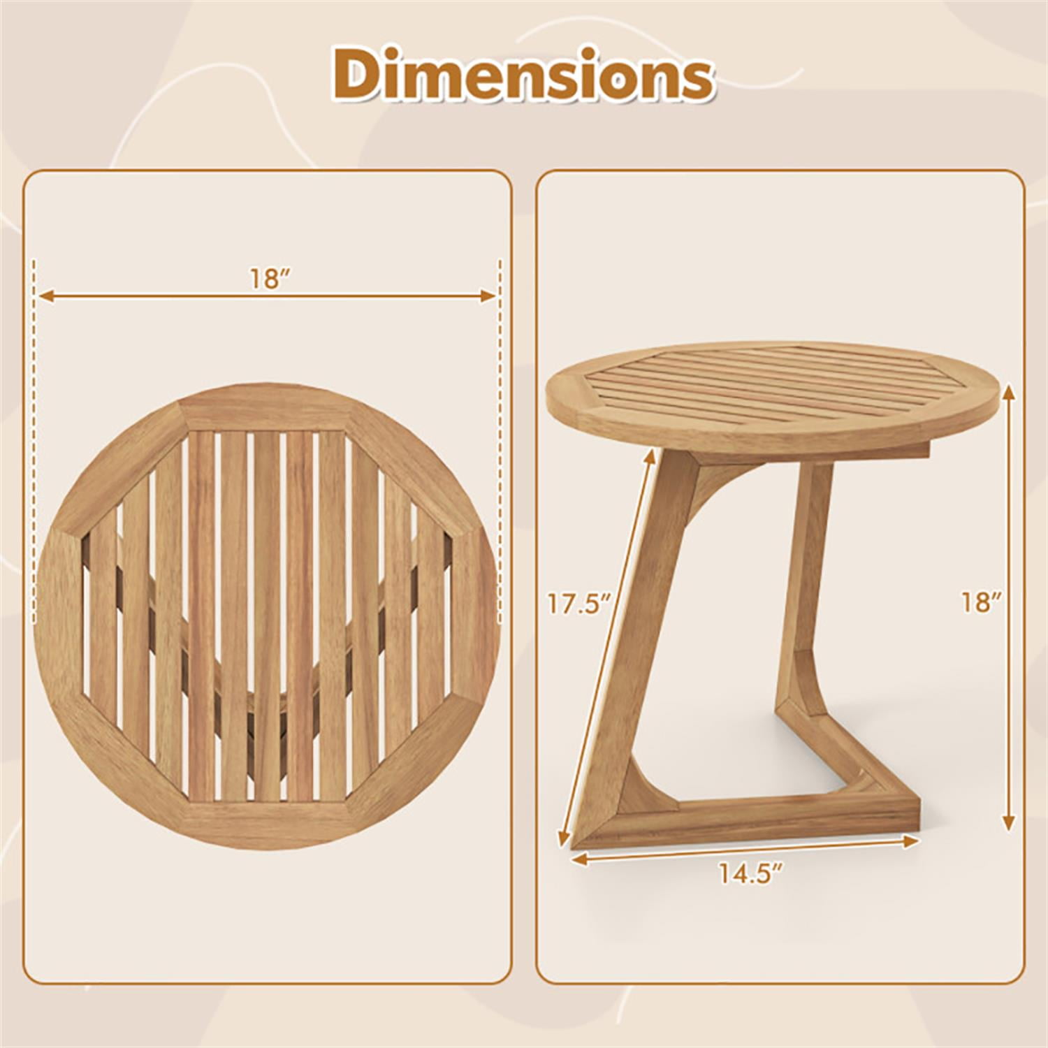 Demi Bonn Teak Wood Sofa Side Table, Round End Table with Slatted Tabletop for Small Spaces, Living Room, Bedroom, Brown