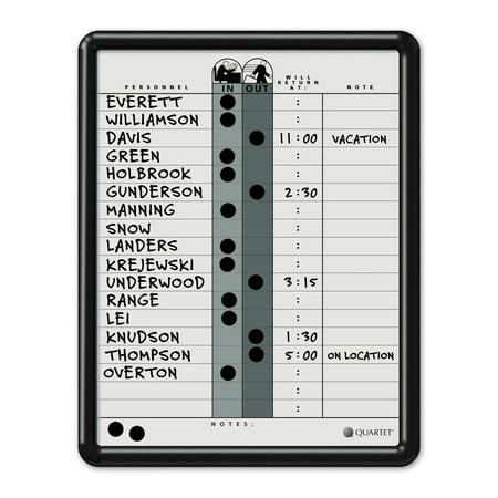 Quartet Employee In/Out Board, 11 x 14, Porcelain White/Gray Surface, Black Plastic Frame