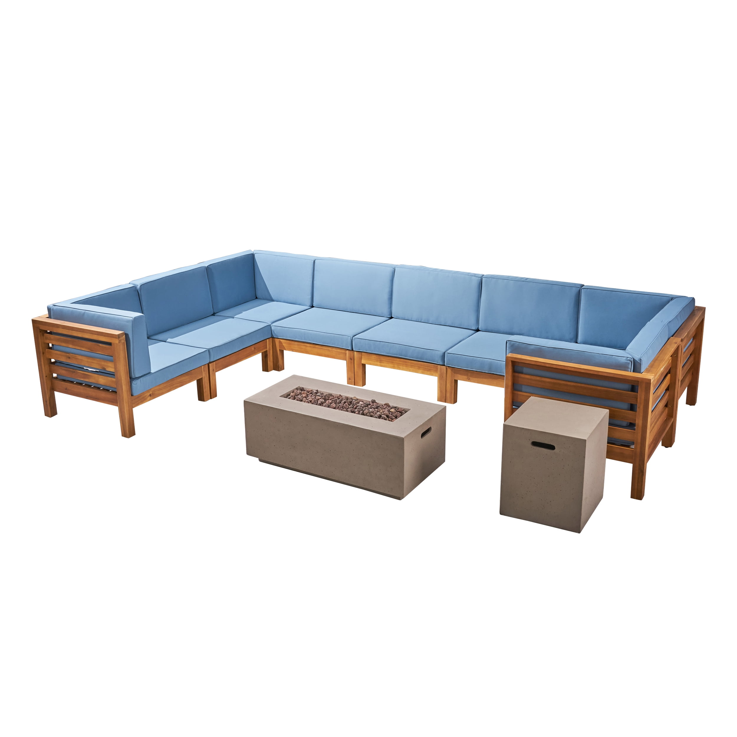 Frankie Outdoor U-Shaped 8 Seater Acacia Wood Sectional Sofa Set with Fire Pit, Teak, Blue, and Light Gray