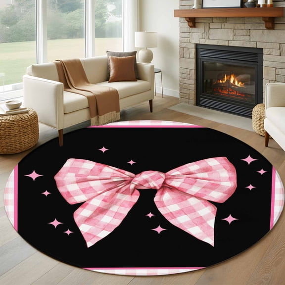 Round Area Rugs Collection 7 Ft, Pink Bowknot Non-Slip Residential Carpet, Shining Stars Vintage White Plaid Black Indoor Crawling Mats Runner Rugs for Living Room/Dining Room/Bedroom