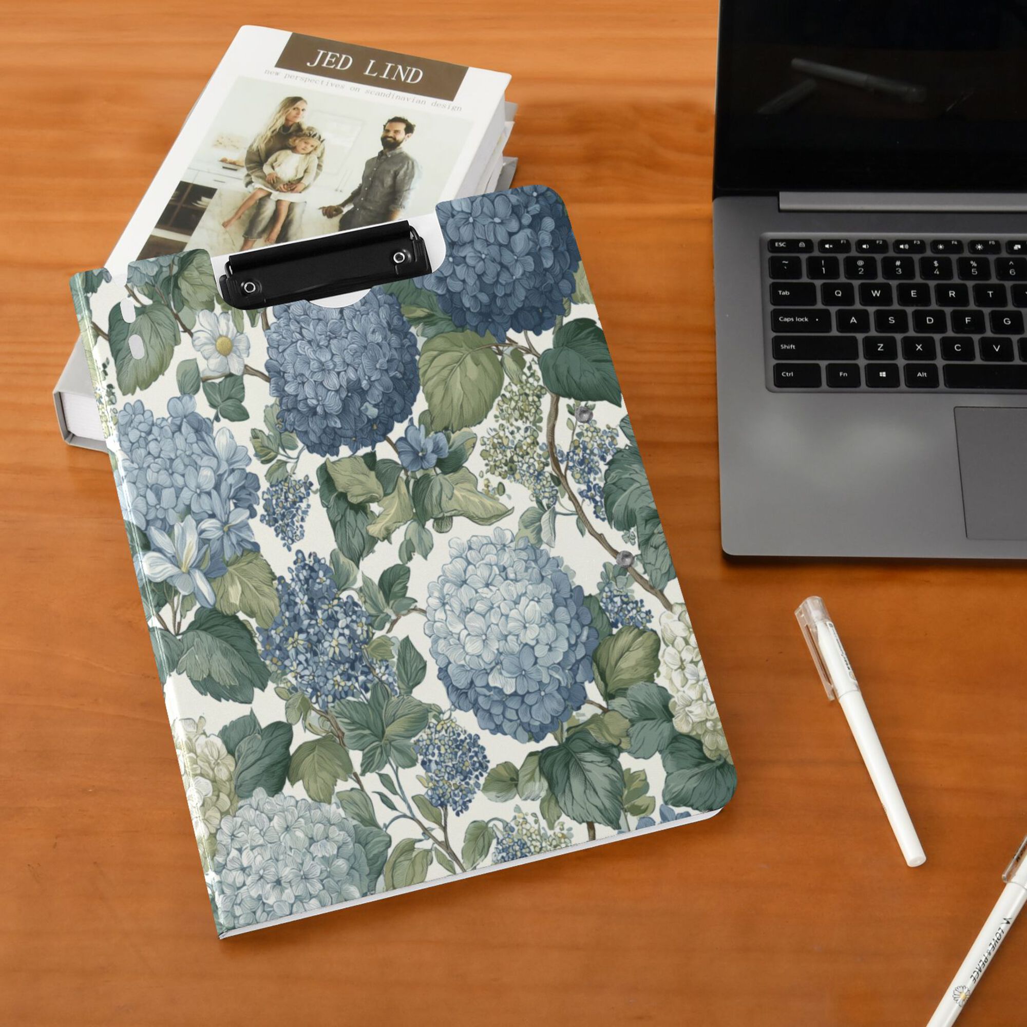FORMRS A4 Clipboard Folder with Pen Holder Horizontal Foldable School Office Binder, Watercolor Hydrangeas Pattern