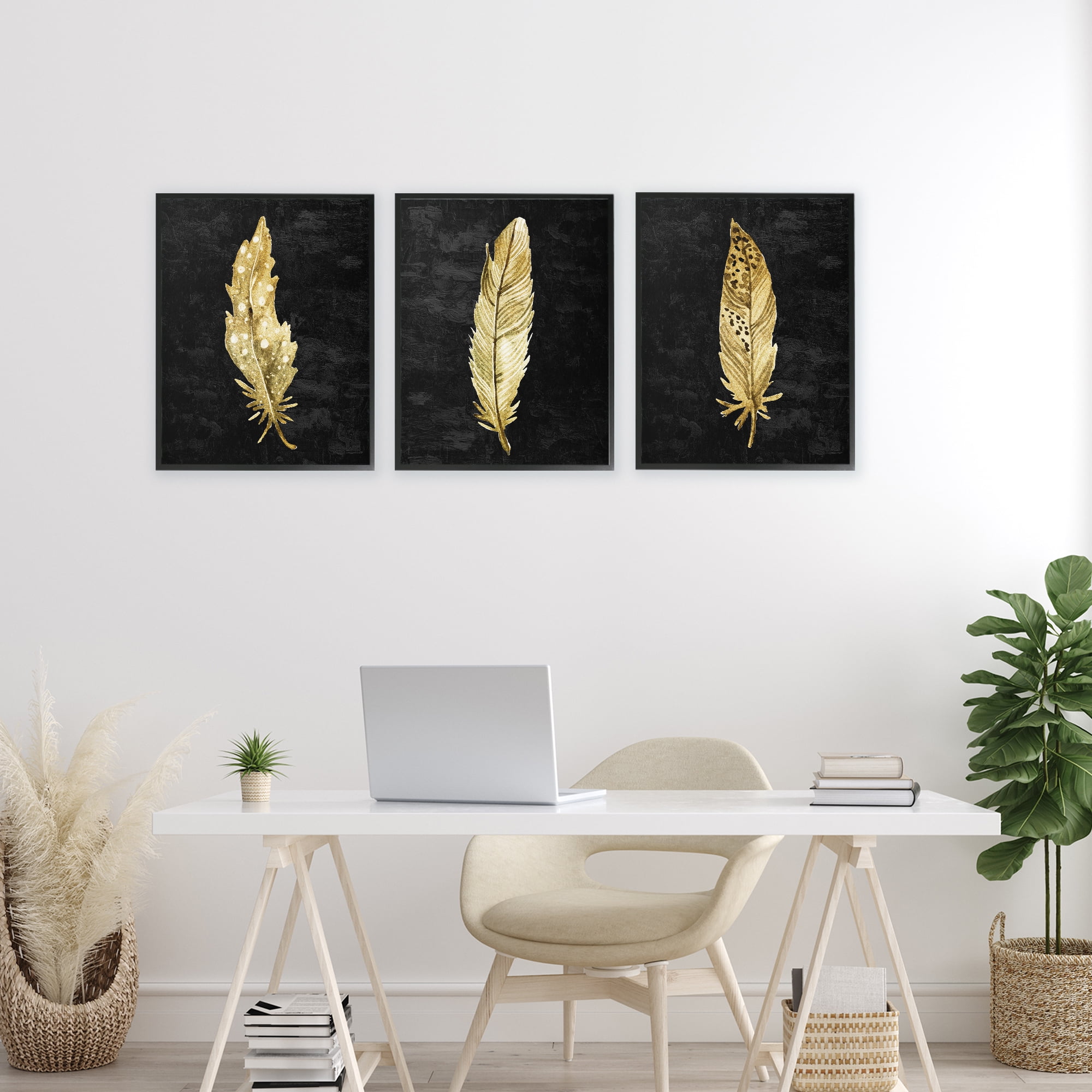 Black & Gold Feathers 3 Piece Black Framed Giclee Art Set, design by Kim Allen