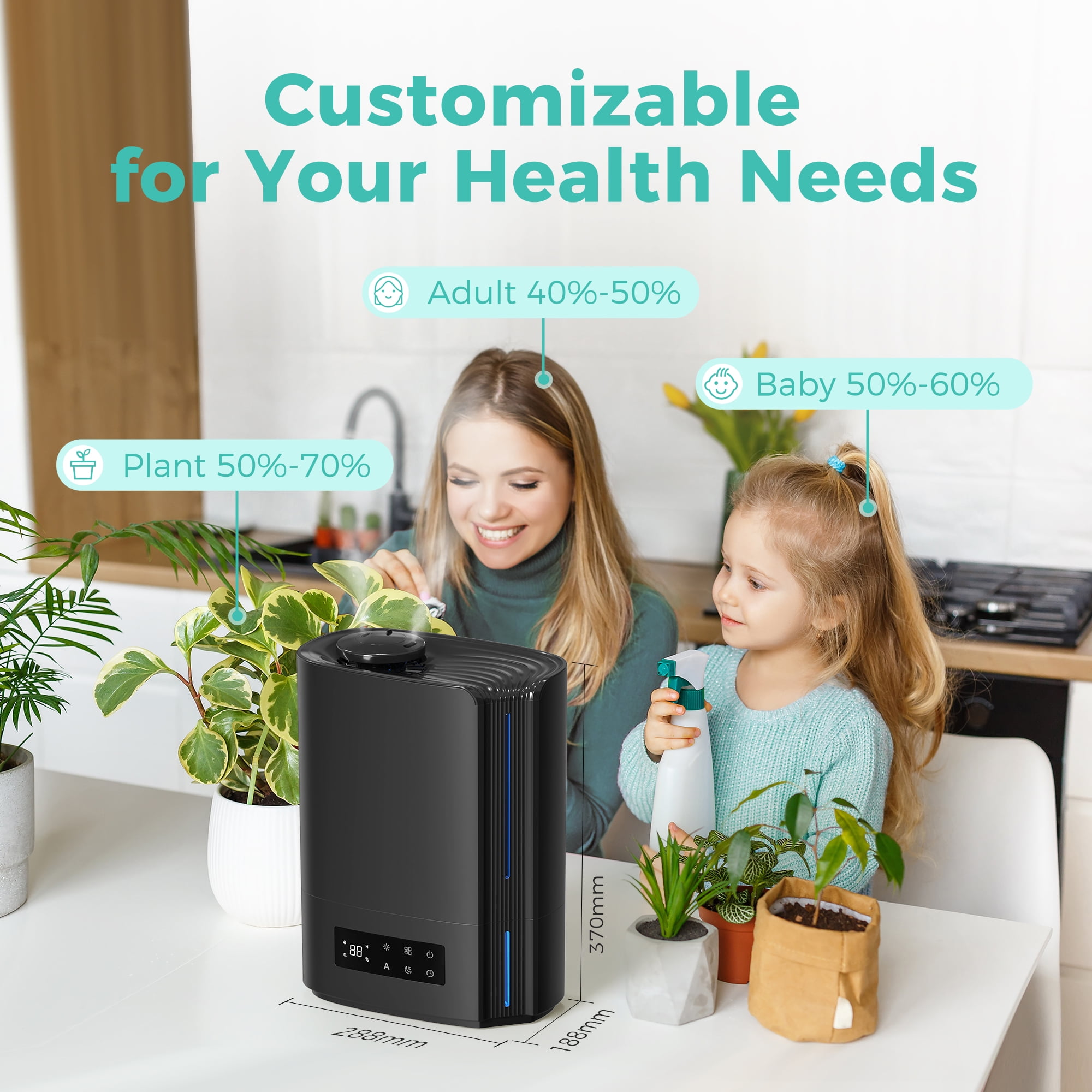 KLOUDIC Top-Fill 6L Cool Mist Large Humidifier for Home Air Vaporizer with Humidistat and Timer
