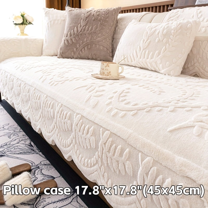 1pc Thick Faux Rabbit Fur Winter Warm Sofa Cover - Elegant Beige Floral & Leaf Pattern, Pet-Friendly Non-Slip Couch Protector for 1-4 Seater Sofas, Modern Style for Living Room, Bedroom, Office Decor