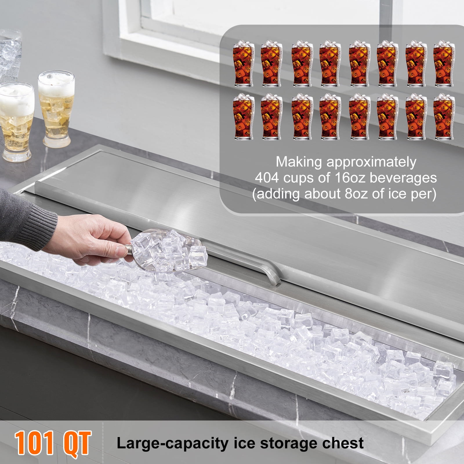 VEVOR Drop in Ice Chest 18"Lx36"Wx12"H with Sliding Cover 304 Stainless Steel Cooler Included Drain-pipe and Drain Plug Bin for Cold Wine Beer