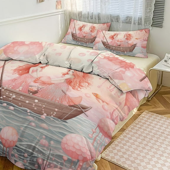 3PCS Ocean Mermaid Coral Duvet Cover Set Twin, 1 Duvet Cover And 2 Pillowcase, Duvet Cover for Kids Girls Boys And Teens