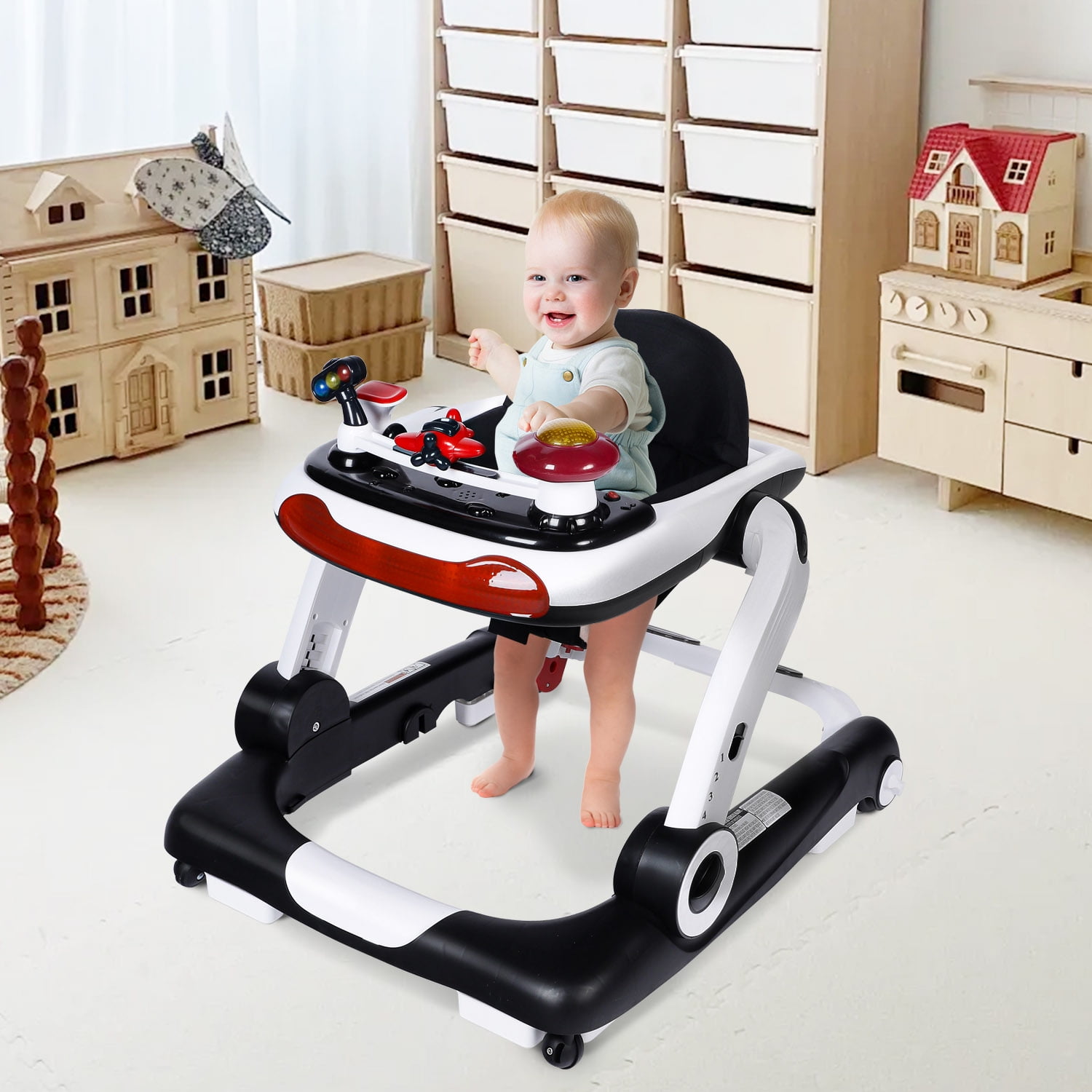 LINLUX Baby Walker w/ Music & Lights, Toddler Activity Walker w/ Seat, Black