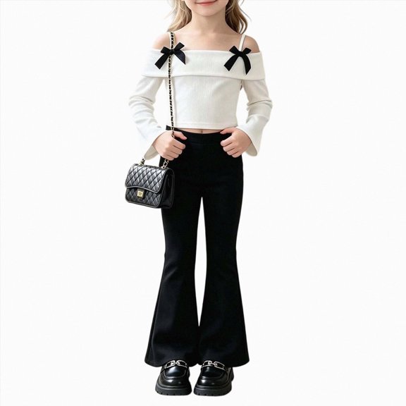 xaweyi Little Girls 2‑Piece Outfit Off‑Shoulder Bow Strap Long Sleeve Crop Top Flare Bell Bottom Pants Set Size 9-10 Years