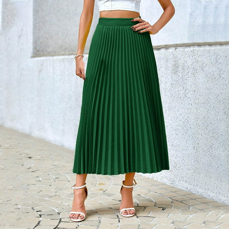 Arnsht Womens Solid Color Business Casual Skirt Elastic High Waist Flowy  Pleated Skirt Swing A-line Beach Maxi Skirt Green XXL