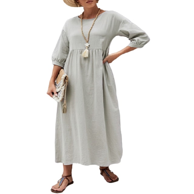 Innerwin Long Dress Solid Color Ladies Summer Beach Sundress Bohemian Crew Neck Loose Maxi Dresses Silver S