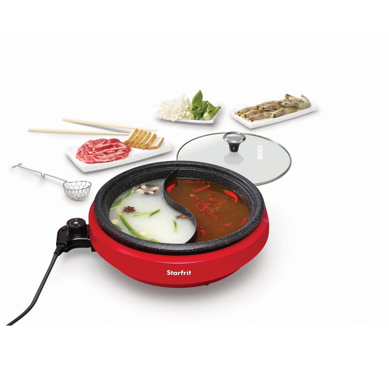 Starfrit The Rock Dual-Sided Electric Hot Pot, 3L, Rock.Tec Non-Stick, Variable Temperature Control, 1200W, Enjoy two broths at once with the Starfrit The Rock Dual-Sided Electric Hot Pot. Featuring Rock.Tec non-stick surface, 3L capacity, adjustable heat, and cool-touch base. Die-cast aluminum pot with even heating for perfect meals every time.