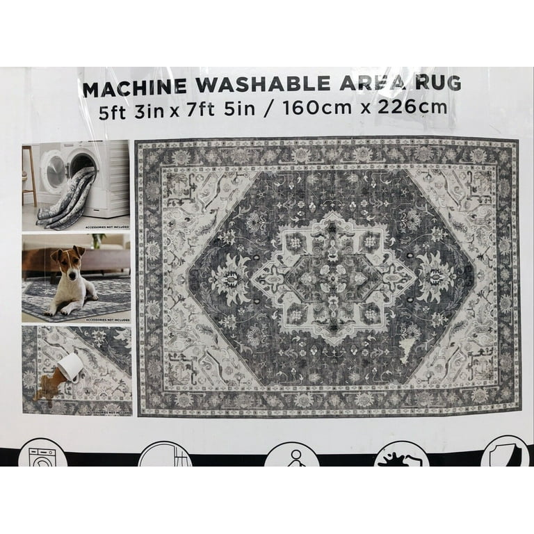 Wyatt & Ash Washable Area Rug, Darya 5 ft x 7ft - Gray Washable