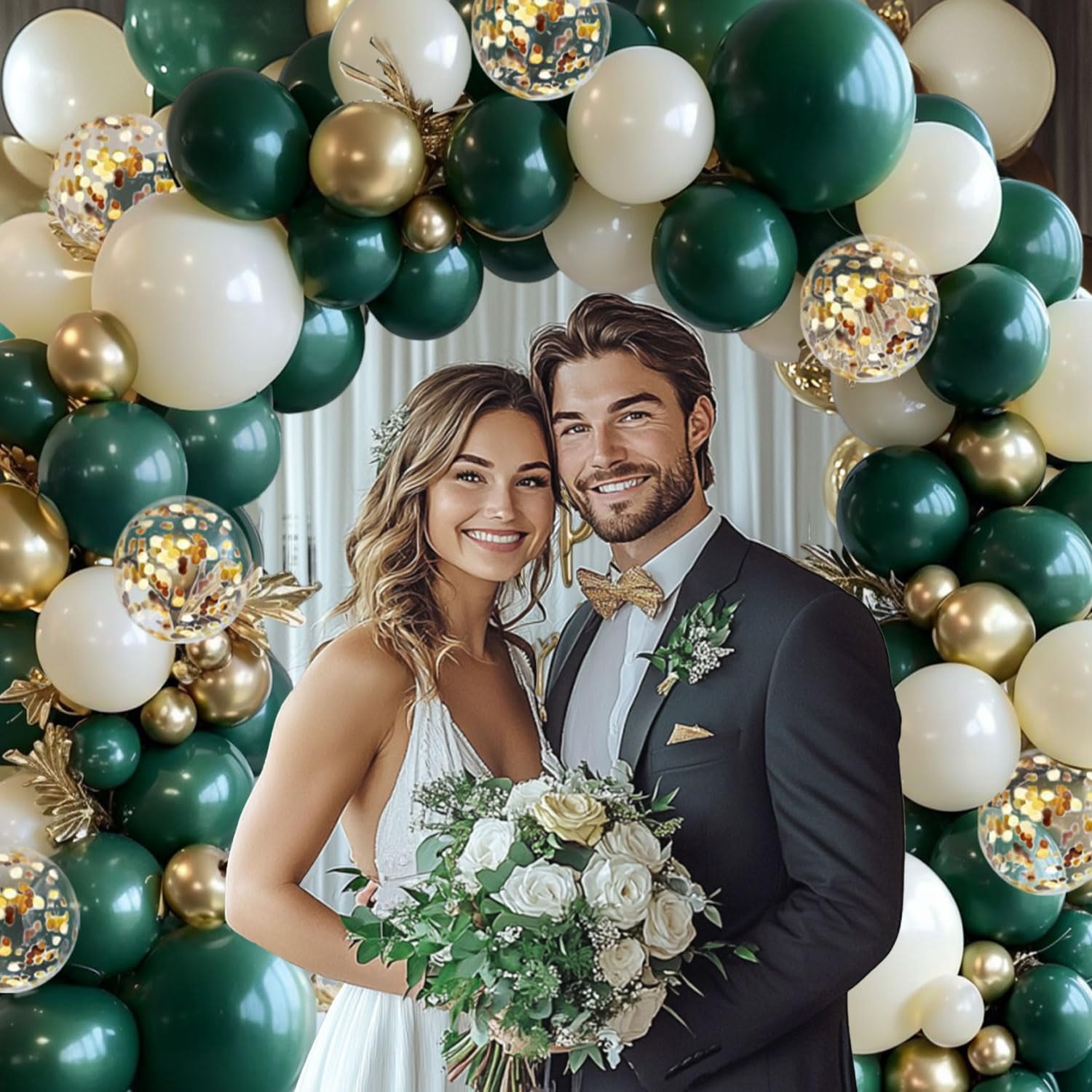 Emerald Green Pearl White Gold Balloons Arch Kit Double Stuffed Dark Green Light Pastel Sand Ivory White Metallic Gold Bobo Balloons for Wedding Baby Shower Birthday Party Decorations