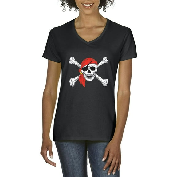 Artix - Women's T-Shirt V-Neck Short Sleeve - Jolly Roger Skull & Crossbones