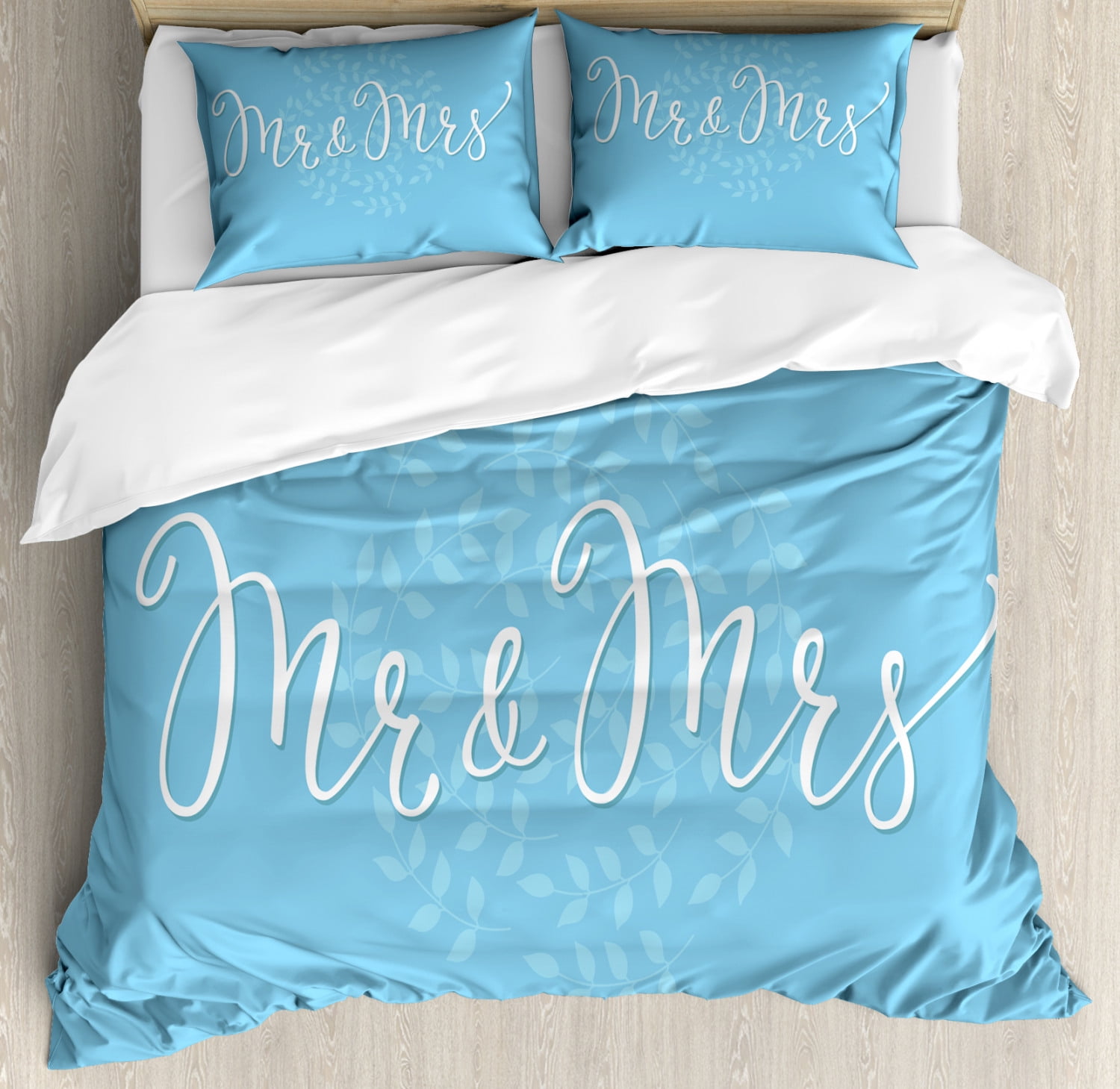 Mr Mrs Duvet Cover Set King Size, Romantic Wedding Themed Foliage