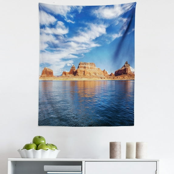 Arizona Tapestry, Panoramic Landscape Famous Lake Powell Rock Formations, Fabric Wall Hanging Decor for Bedroom Living Room Dorm, 5 Sizes, Azure Blue Persian Orange, by Ambesonne