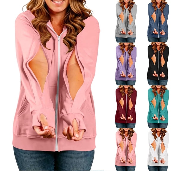 Stamzod Women's Dialysis Hoodies with Arm Zipper Thumb Holes Long Sleeve Zip Up Hoodie Casual Loose Iv Jacket Sweatshirt Pink XL