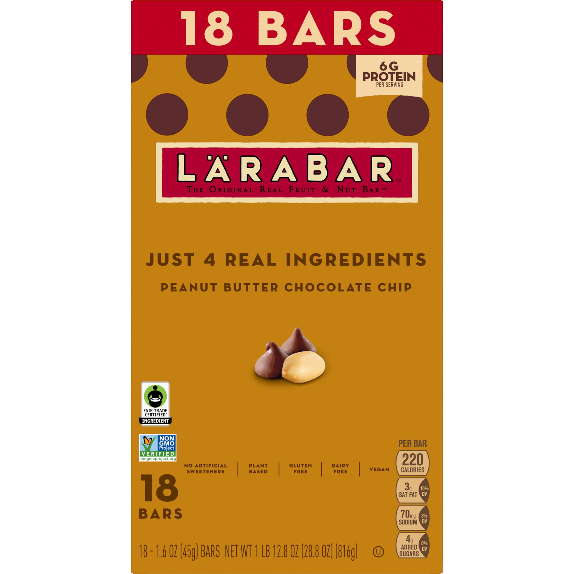 (4 pack) Larabar Peanut Butter Chocolate Chip, Fruit and Nut Bars, Gluten Free, Vegan, 18 Count, 28.8 oz