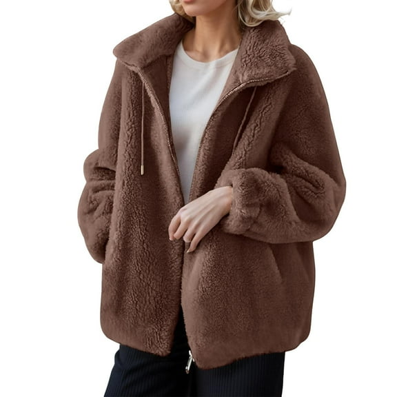Women's Double-Faced Fleece Jacket, Stand Collar Zip Up Coat, Thickened Plush Lined Outerwear for Women, Soft Winter Jacket with Full Zipper, Warm Casual Long Sleeve Top Brown L