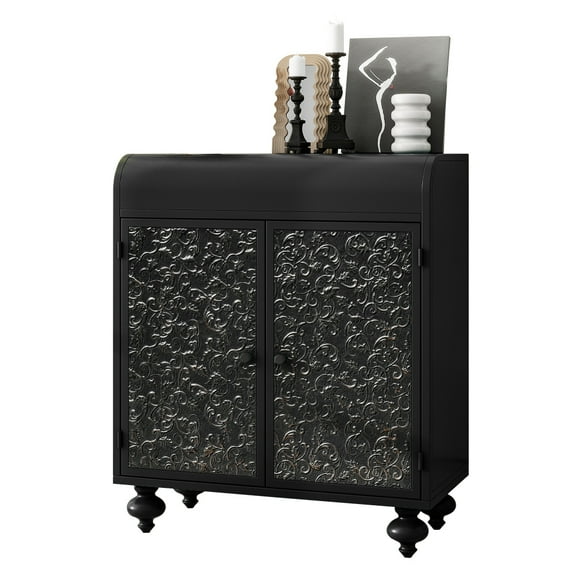 Decorative Storage Cabinet - Distressed 2-Door Sideboard with Embossed Design - Farmhouse Accent Piece for Any Room