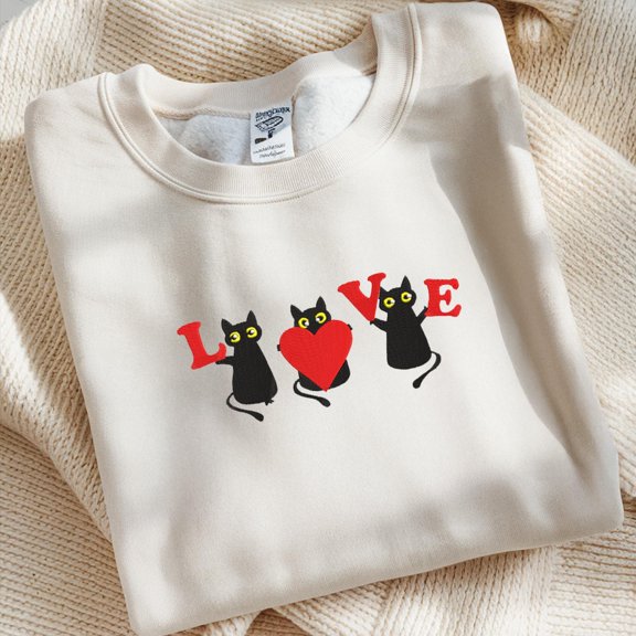 Embroidered Cute Cat Sweatshirt, Valentines Day Cat Shirt, Cute Valentines Day Sweater, Valentines Day Meow Tee, Embroidered Cat Mama Hoodie
